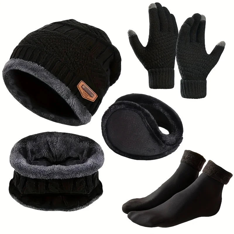 5pcs/set Winter Warmth Combination - Cold Resistant Knitted Hat+Velvet Neck+Thick Gloves+Plush Earmuffs+Snow Socks