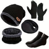 5pcs/set Winter Warmth Combination - Cold Resistant Knitted Hat+Velvet Neck+Thick Gloves+Plush Earmuffs+Snow Socks