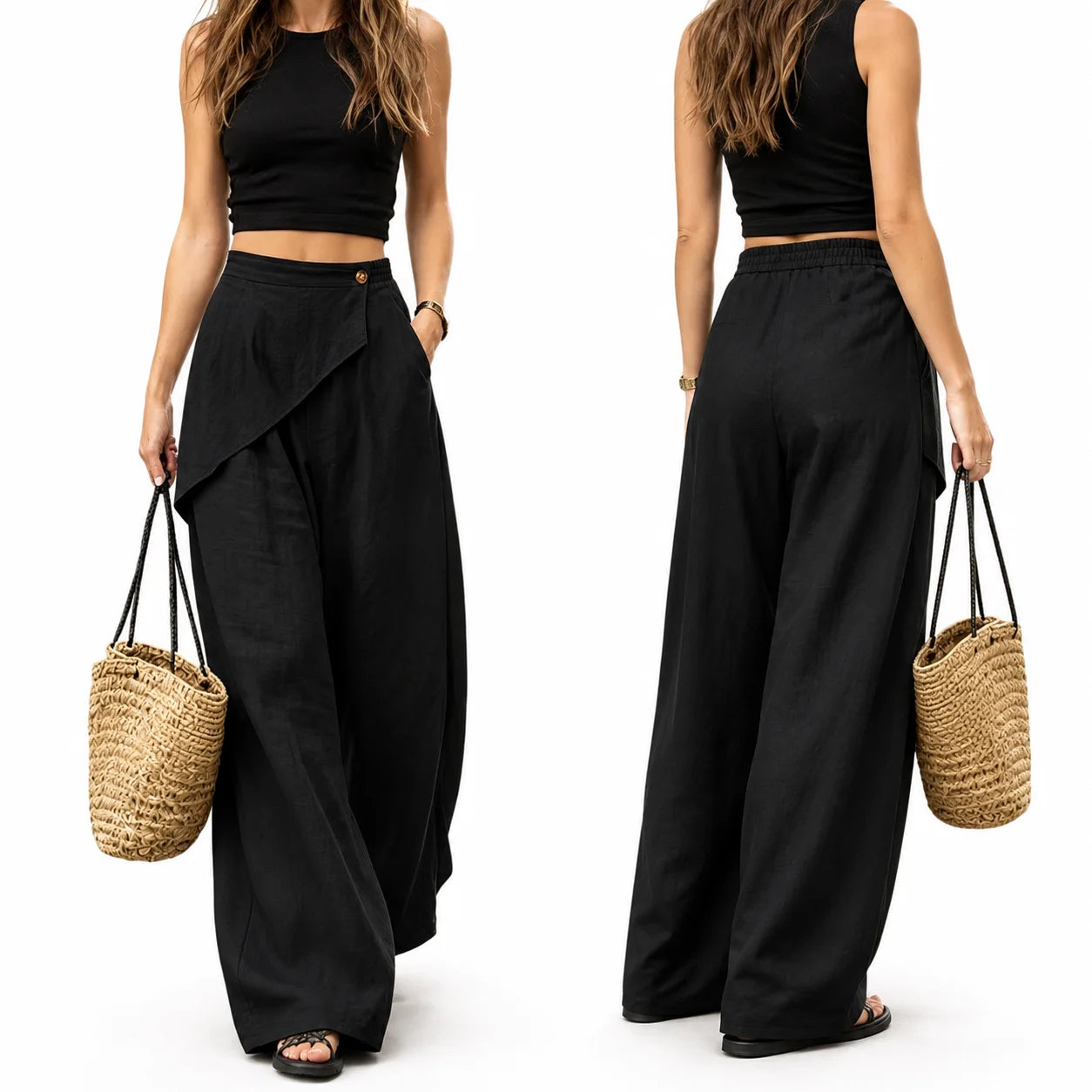 Women Wrap Front Linen Wide Leg Pants, High Waist Elastic Back Waist Culottes with Pockets, Casual Loose Fit Trousers for Summer Beach Daily Streetwear