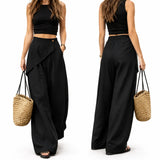 Women Wrap Front Linen Wide Leg Pants, High Waist Elastic Back Waist Culottes with Pockets, Casual Loose Fit Trousers for Summer Beach Daily Streetwear