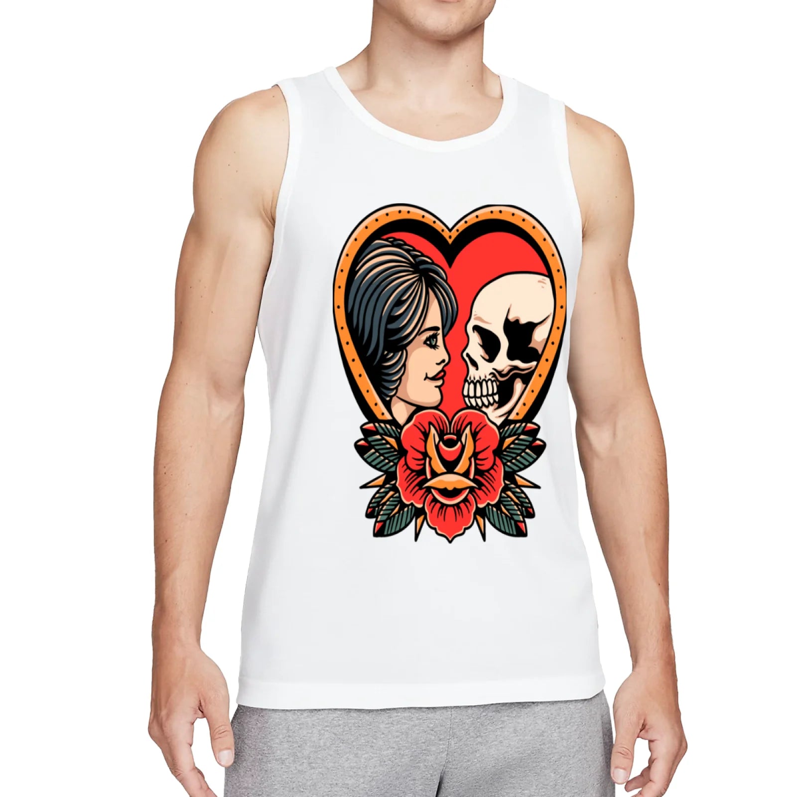 Retro Flaming Praying Hands Tank Top, Vintage Gothic Fire Graphic Sleeveless Tee, Old School Tattoo Style Streetwear Vest for Men