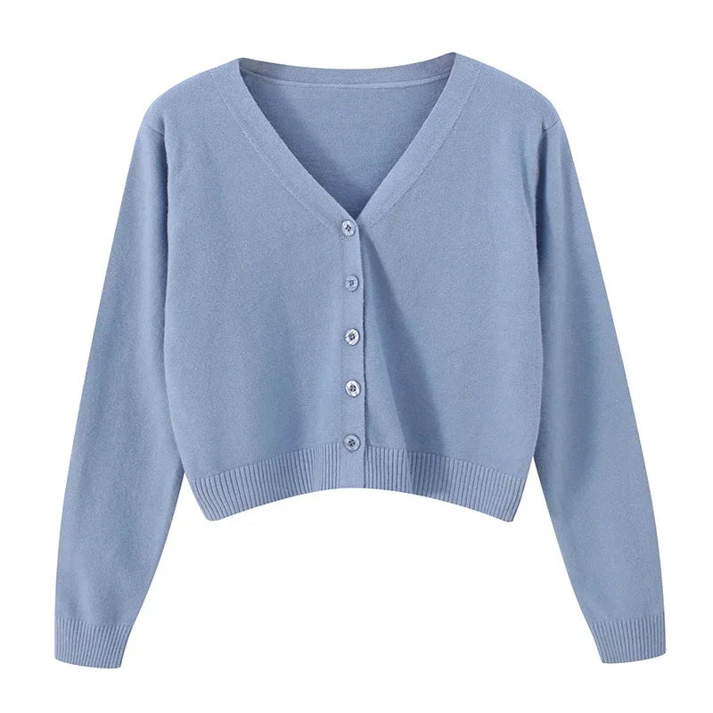 2026 Women Long Sleeve Cropped Cardigan V Neck Button Down Knit Lady Autumn Spring Knitted Single-breasted Cardigan Sweaters