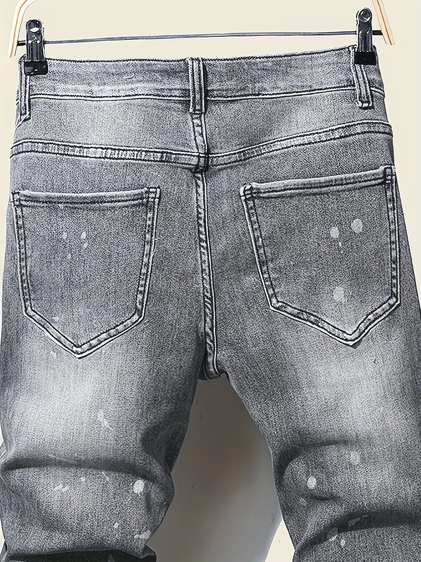 Men's jeans with splatter graffiti, ripped patches, distressed wash, slim fit, slimming, versatile casual long pants