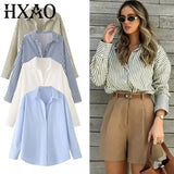 HXAO 2025 Woman Blouses Long Stripe Shirts Women Spring Summer Long Sleeve Blue White Shirt Woman Large Tops Button Up Shirts