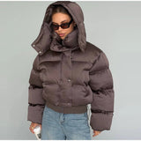 Winter Hooded Jacket Short Top Cropped Drawstring Waist Coat Woman Long Sleeve Warm Quilted Out Jackets Streetwear Lady Clothes