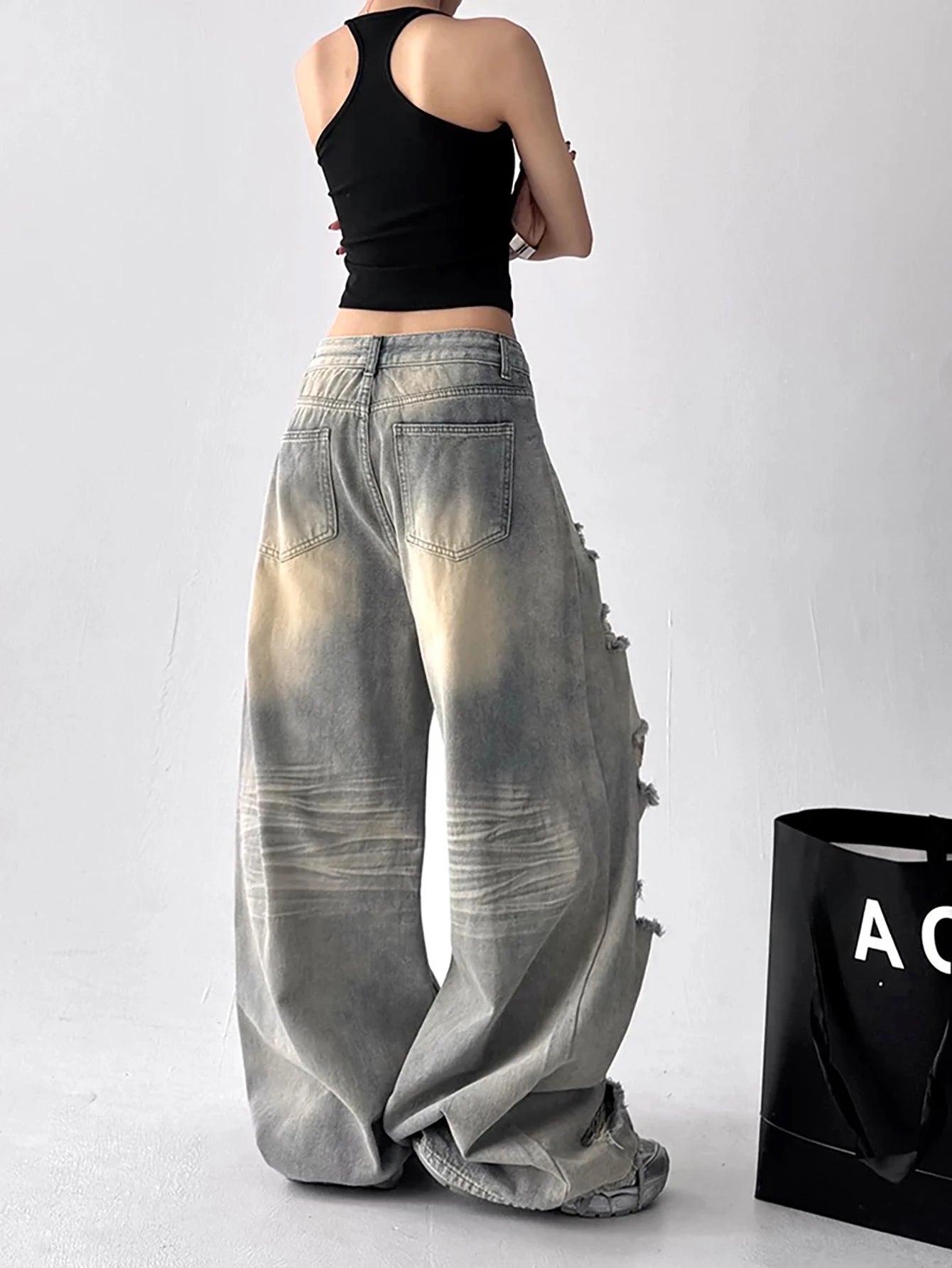 American Vintage Trend Ripped Frayed  Baggy Jeans Women Y2K Street-Style Distressed Design Fashionable Versatile Wide-Leg Pants