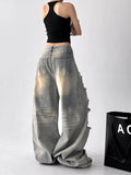 American Vintage Trend Ripped Frayed  Baggy Jeans Women Y2K Street-Style Distressed Design Fashionable Versatile Wide-Leg Pants