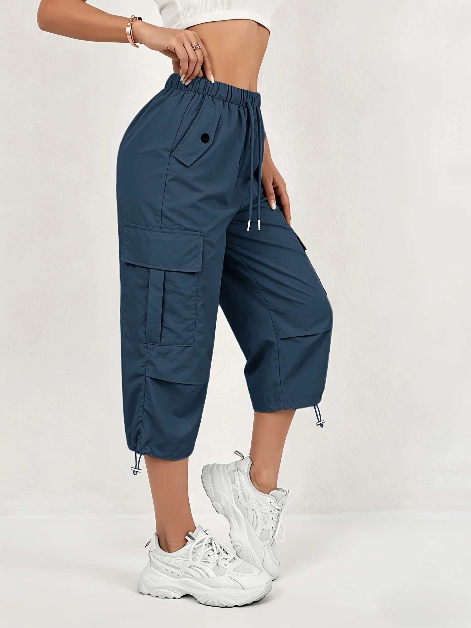 Women's Quick-Dry Cargo Capri Pants with Elastic Waist & Drawstring - Lightweight Stretch Suitable for - Outdoor Pants, Multi- Trousers, Machine Washable Loose-Fit Mid-Length for, Travel, Casual Attire