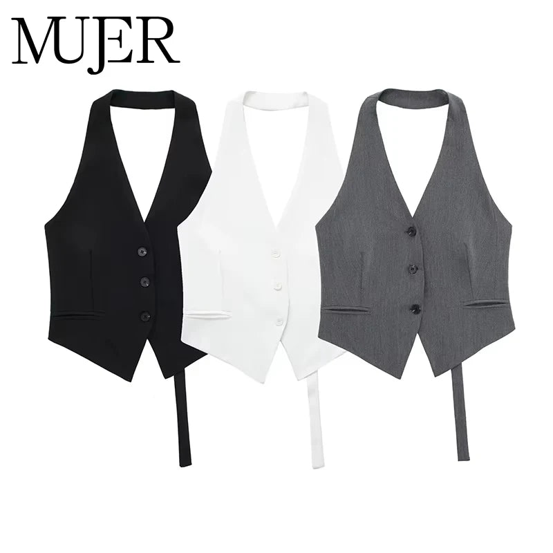 MUJER Off Shoulder Sleeveless Vest Women Black White Cropped Vest Woman Fashion Backless V Neck Short Coats Summer Waistcoat