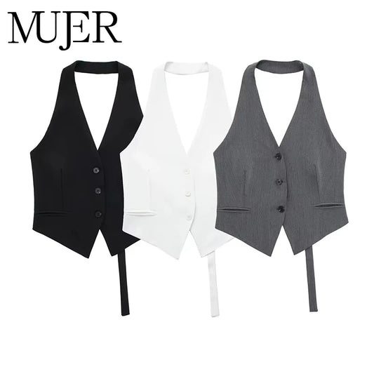 MUJER Off Shoulder Sleeveless Vest Women Black White Cropped Vest Woman Fashion Backless V Neck Short Coats Summer Waistcoat
