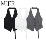 MUJER Off Shoulder Sleeveless Vest Women Black White Cropped Vest Woman Fashion Backless V Neck Short Coats Summer Waistcoat