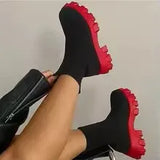 Women Boots Elastic Platform Boots Breathable Spring Summer Heels Botas Mujer Slip On Ankle Boots Elegant Woman Heeled Shoes