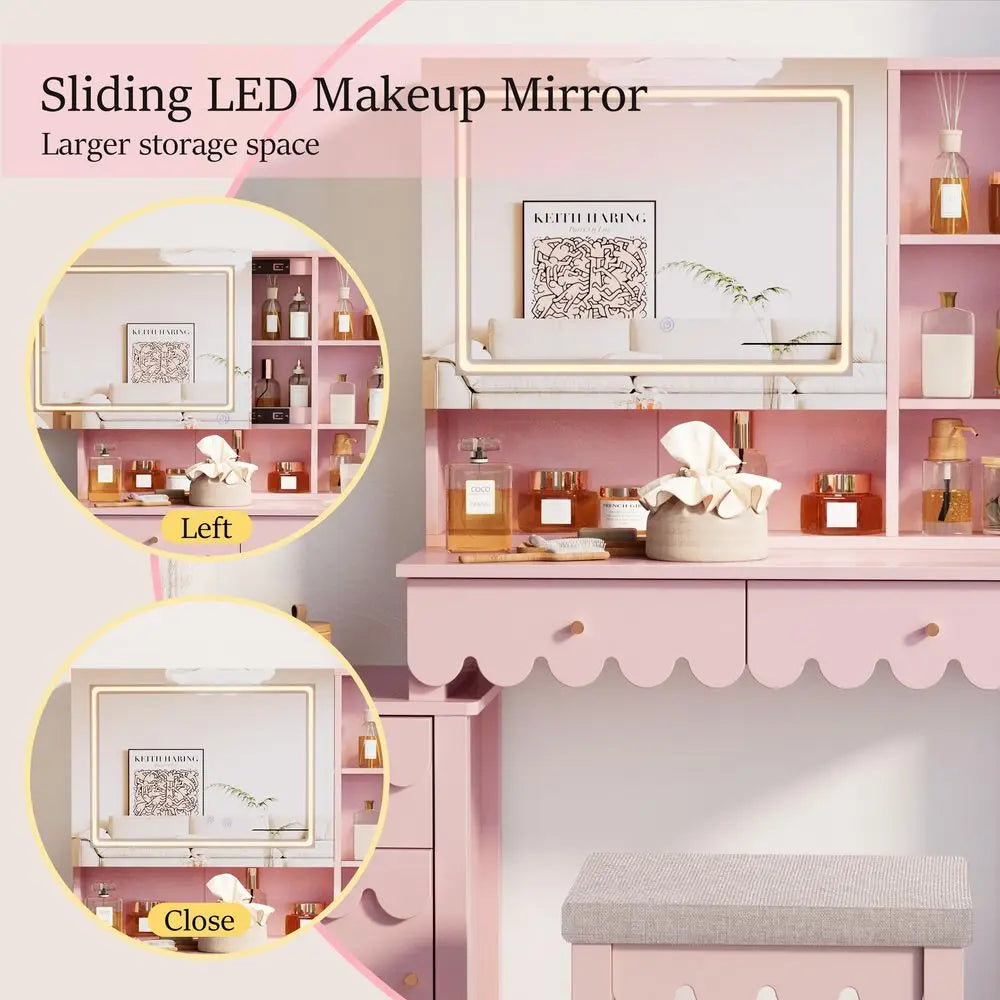 Makeup Vanity Desk With 3 Color Touch Screen Lighted Sliding Mirror, Scalloped Large Vanity Table Set with Storage amp Drawers