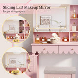 Makeup Vanity Desk With 3 Color Touch Screen Lighted Sliding Mirror, Scalloped Large Vanity Table Set with Storage amp Drawers