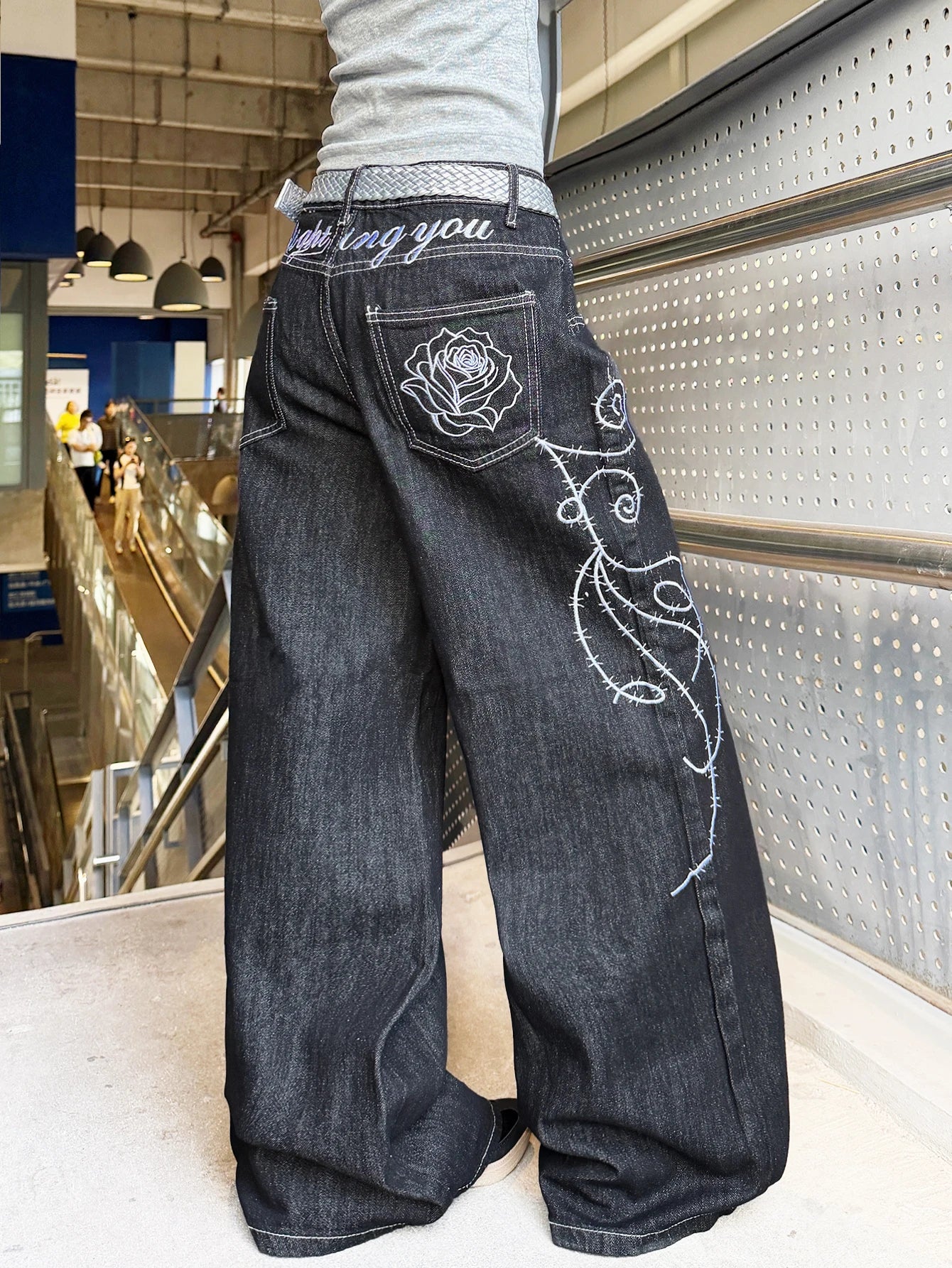 American Retro Heavy-Duty Letter Flower Embroidery Women's Loose Wide-Leg Jeans Street Fashion Fashion Versatile Black Trousers