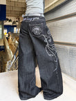 American Retro Heavy-Duty Letter Flower Embroidery Women's Loose Wide-Leg Jeans Street Fashion Fashion Versatile Black Trousers