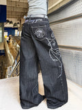 American Retro Heavy-Duty Letter Flower Embroidery Women's Loose Wide-Leg Jeans Street Fashion Fashion Versatile Black Trousers