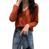2026 Women Long Sleeve Cropped Cardigan V Neck Button Down Knit Lady Autumn Spring Knitted Single-breasted Cardigan Sweaters