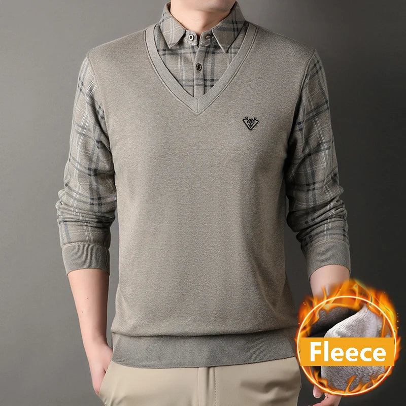 Mens Thick Sweater Pullover Fleece Lined Fake Two Piece Knitwear Fashion Casual Business Pullovers