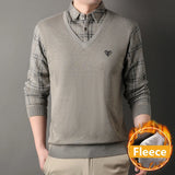 Mens Thick Sweater Pullover Fleece Lined Fake Two Piece Knitwear Fashion Casual Business Pullovers