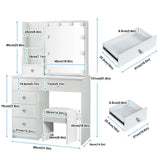 Teousev White LED Makeup Vanity Set with Sliding Mirror, 3-Color Dimmable Lights, 6 Drawers & Stool, Modern Dressing Table