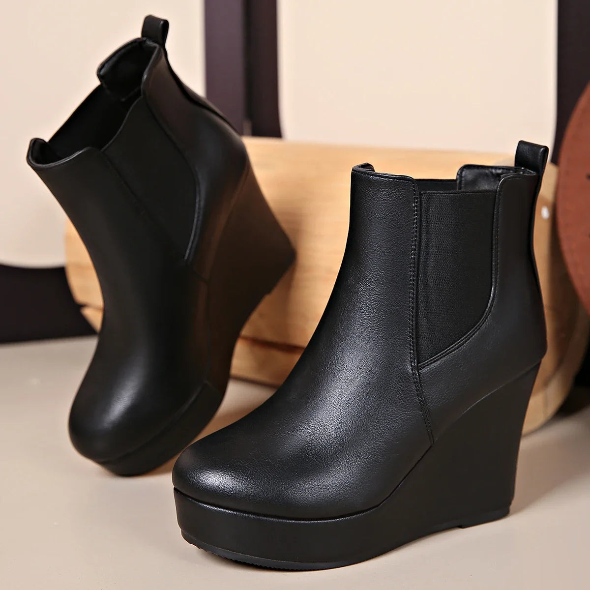 Women Platform Wedge Heel Chelsea Ankle Boots, Elastic Side Slip‑On Faux Leather Solid Color Spring Autumn Casual Short Booties
