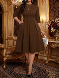 Women's Round Neck Three Quarter Sleeve Pleated Midi Dress For Business Daily Banquet Wedding Guest Formal Fashion Occasions