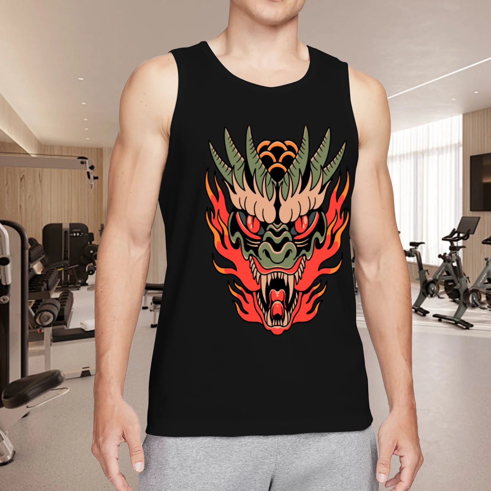 Men's Cool Dragon Head Tank Top, Y2K Grunge Aesthetic Black Sleeveless Shirt, Edgy Flame Monster Graphic Gym Vest, Summer Casual Muscle Tee