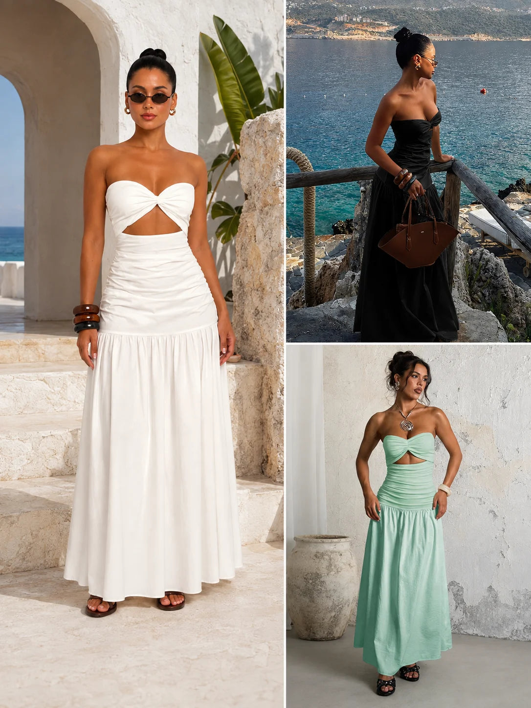Women Strapless Twist Cutout Maxi Dress Ruched Waist Flowy A Line Long Tube Top Dress Summer Beach Vacation Casual Sundress