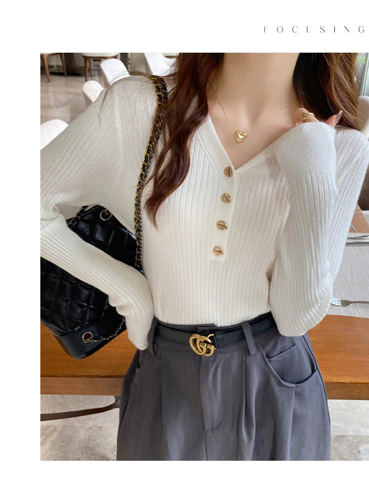 2026 Casual Slim Button Knitted Pullover Autumn Winter Women Sweaters Sweater Femme Basic Solid Jersey Tops Fashion Clothes
