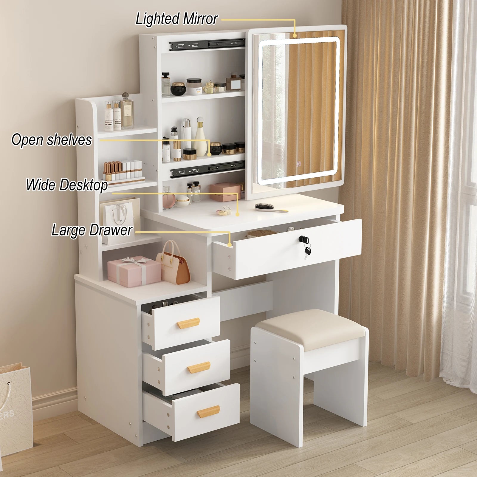 Vanity Desk, Makeup Vanity Desk with Sliding Mirror and Lights, Makeup Vanity Set with Drawers, Stool and Open Shelves, 3 Color Lighting Modes, Brightness Adjustable Dressing Table for Bedroom, White