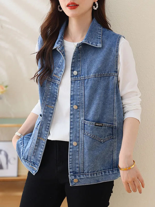 Faionable Embroidered Letter Denim Vest Women's Spring Summer New Sle Svel oulder Pad Thin Outerwear  Collar ...