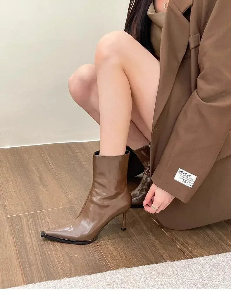 Ankle Boots Vintage Autumn New Fashion High Heels Women's Sexy Pointed Toe patent leather skinny boots Women Brown Short Booties