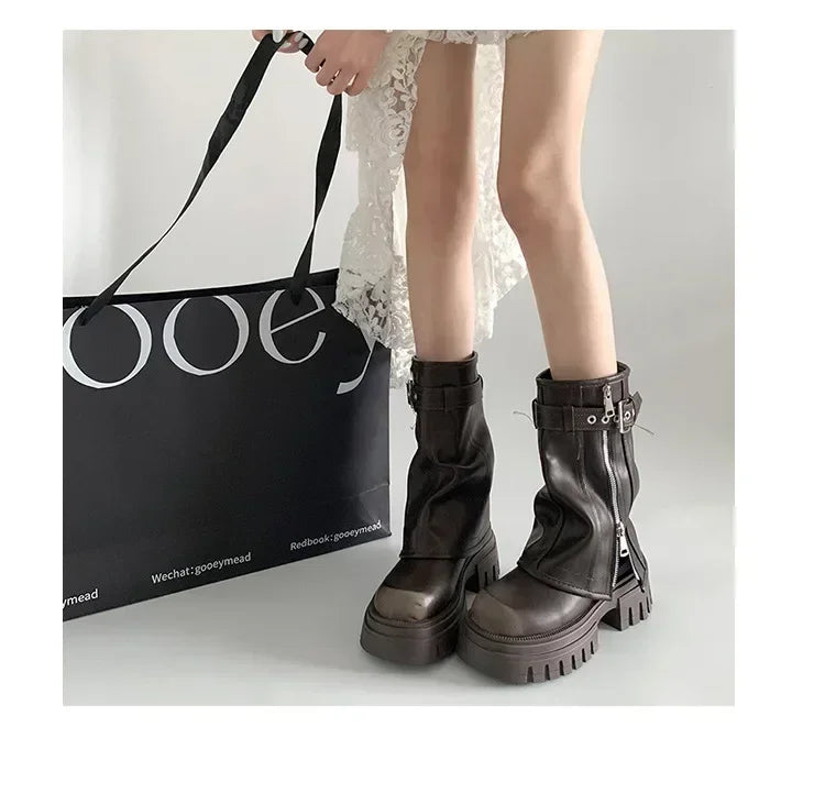 2025 Winter Women Biker Boots Fashion Belt Buckle Ladies Elegant Platform Long Pipe Booties Casual Women's Knee High Booties