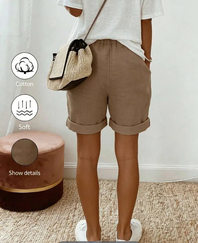 Women's Summer Vintage Modest Linen Casual Drawstring Rolled Hem Shorts,Elastic Waist Textured Fabric Khaki Loose Trousers For Vacation