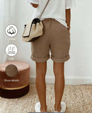 Women's Summer Vintage Modest Linen Casual Drawstring Rolled Hem Shorts,Elastic Waist Textured Fabric Khaki Loose Trousers For Vacation
