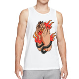 Retro Flaming Praying Hands Tank Top, Vintage Gothic Fire Graphic Sleeveless Tee, Old School Tattoo Style Streetwear Vest for Men