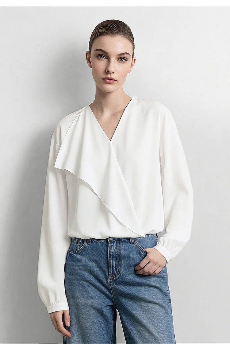 Amii 2026 Autumn Women Blouse Reversible V Neck Wrap Cowl Neck Long Sleeve Chiffon Blouses Woman Loose Casual Shirts 12643013