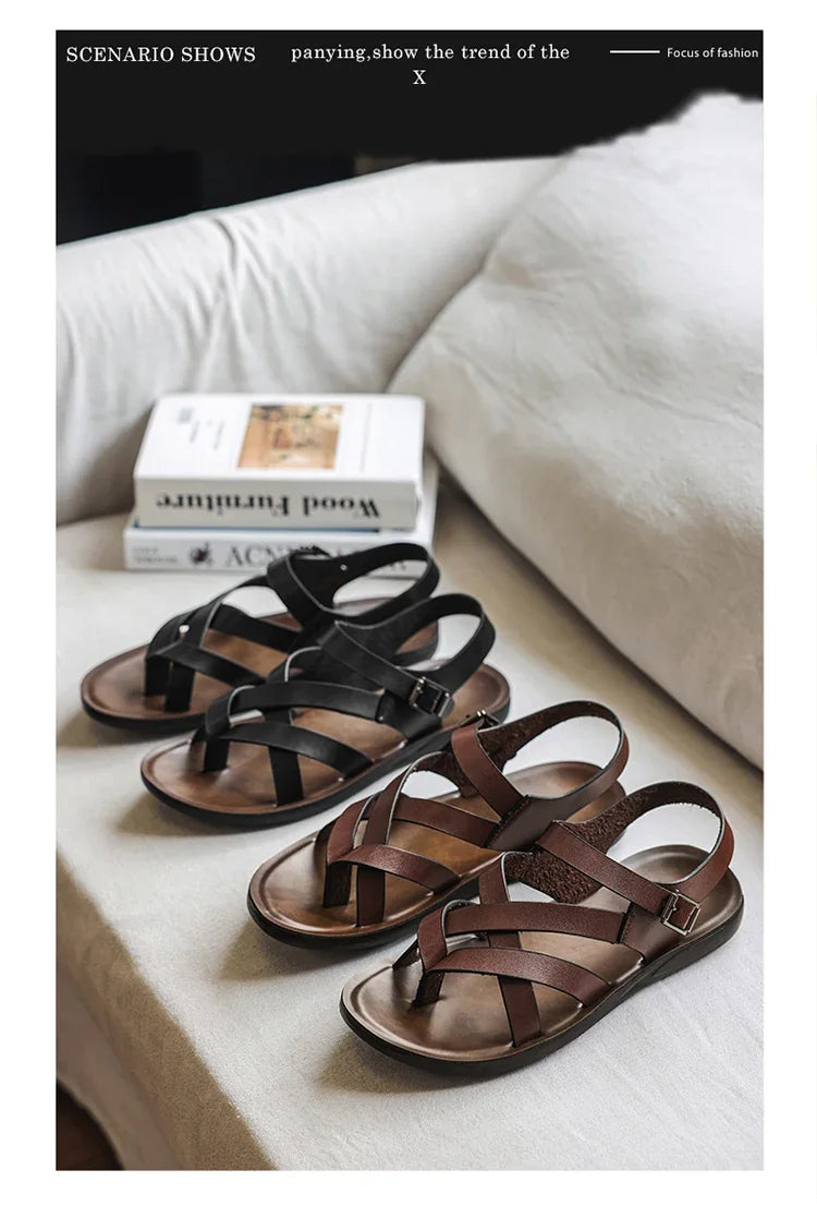 Fashion New Men Gladiators Black Buckle Strap Patent Leather Casual Shoes Summer Rome Breathable Beach Sandals Outdoor Slippers