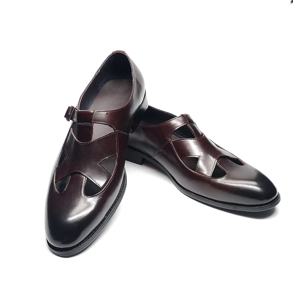 Genuine Leather Mens Classic Summer Dress Sandals Buckle Strap Black Brown Closed Toe Business Party Casual Formal Shoes for Men