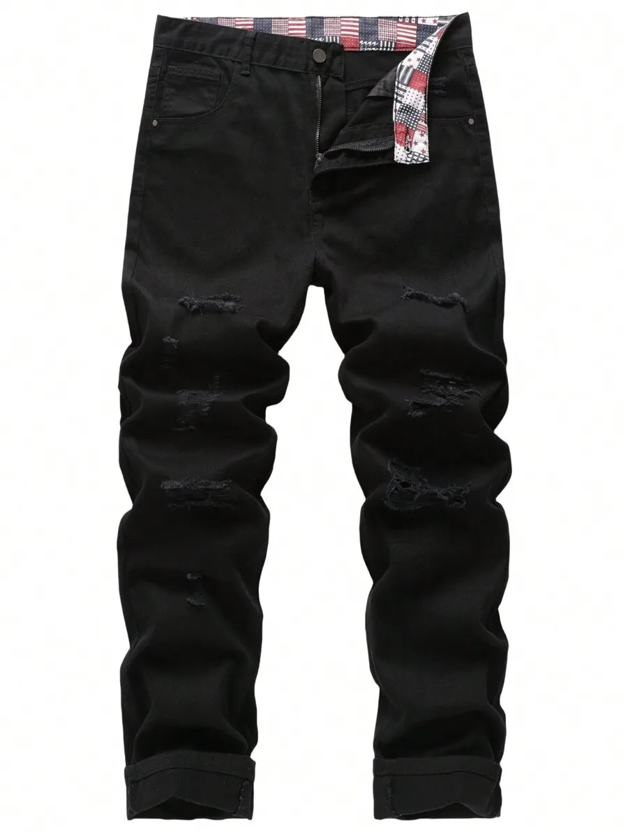 Men's Ripped Non-Stretch Regular Fit Straight-Leg Denim Pants Jeans