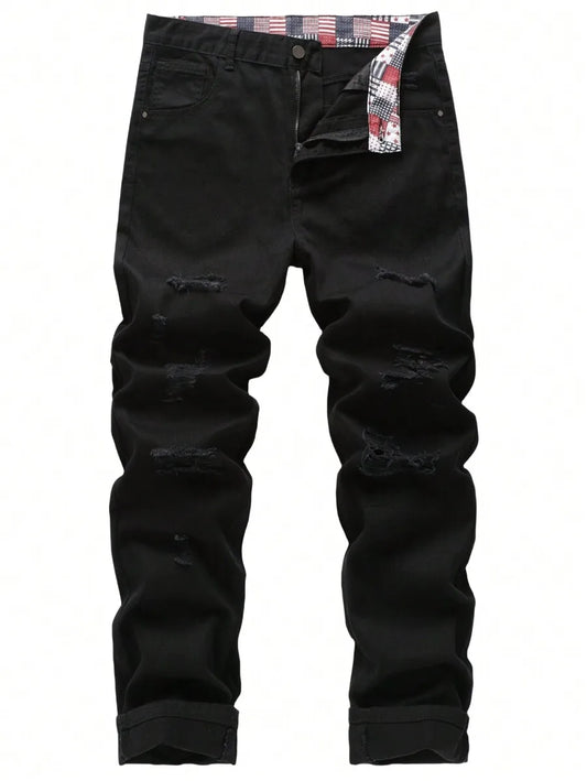 Men's Ripped Non-Stretch Regular Fit Straight-Leg Denim Pants Jeans