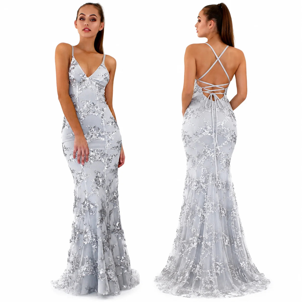 Sexy Sequin Floral Mermaid Evening Gown for Women Deep V Neck Spaghetti Strap Formal Prom Dress Floor Length Tulle Wedding Guest Party Ball Gown