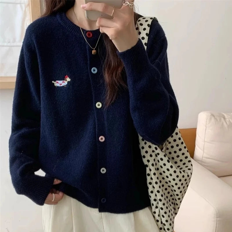 Autumn Winter 2026 Soft Elegant O-neck Loose Casual Sweaters Women Knitted Chic Embroidery Cardigan Basic Colorful Buttons Tops