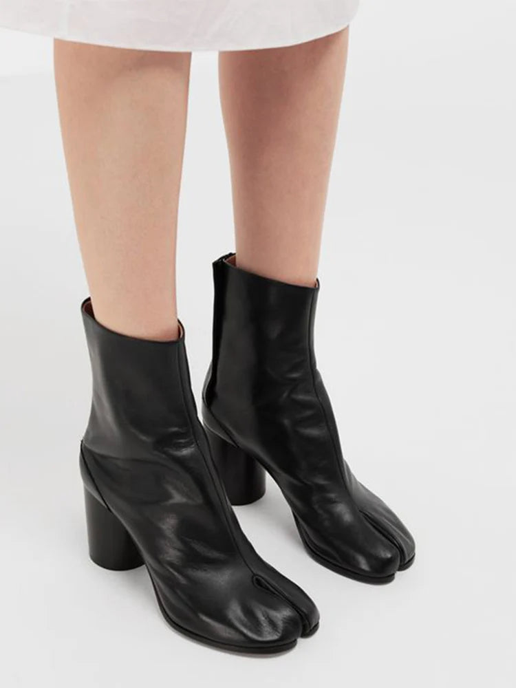 New Genuine Leather Tabi Ankle Boots Women Chunky Round Heels Shoes Woman High Heels Split Toe Tabi Boots Women Botas De Mujer
