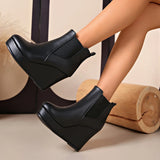 Women Platform Wedge Heel Chelsea Ankle Boots, Elastic Side Slip‑On Faux Leather Solid Color Spring Autumn Casual Short Booties