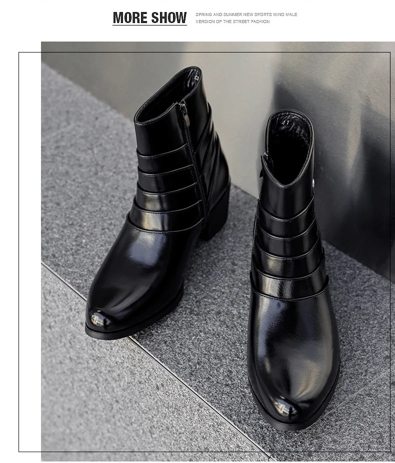 Luxury Men Boots Leather Chelsea Boots High Top Buckle Strap Formal Shoes Black British Style Ankle Boots Pointed Toe Brown Boot
