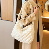 Women Large Capacity Quilted Tote Bag Winter Warm Lightweight Down Cotton Padded Plaid Shoulder Bags Underarm Bags Puffy Handbag