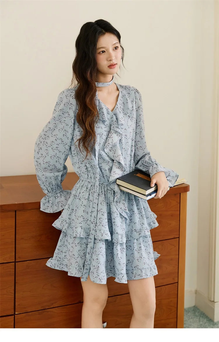 MISHOW Floral Dress for Women Cotton 2026 Spring Blue Luxury V-neck Ruffled Puff Sleeve Dress Party Midi Dress Woman MXE46L2517