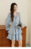 MISHOW Floral Dress for Women Cotton 2026 Spring Blue Luxury V-neck Ruffled Puff Sleeve Dress Party Midi Dress Woman MXE46L2517